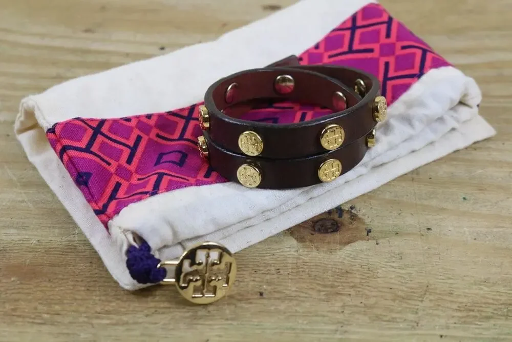 Tory Burch Brown Leather Double Wrap Bracelet Gold Logo Studs Jewelry